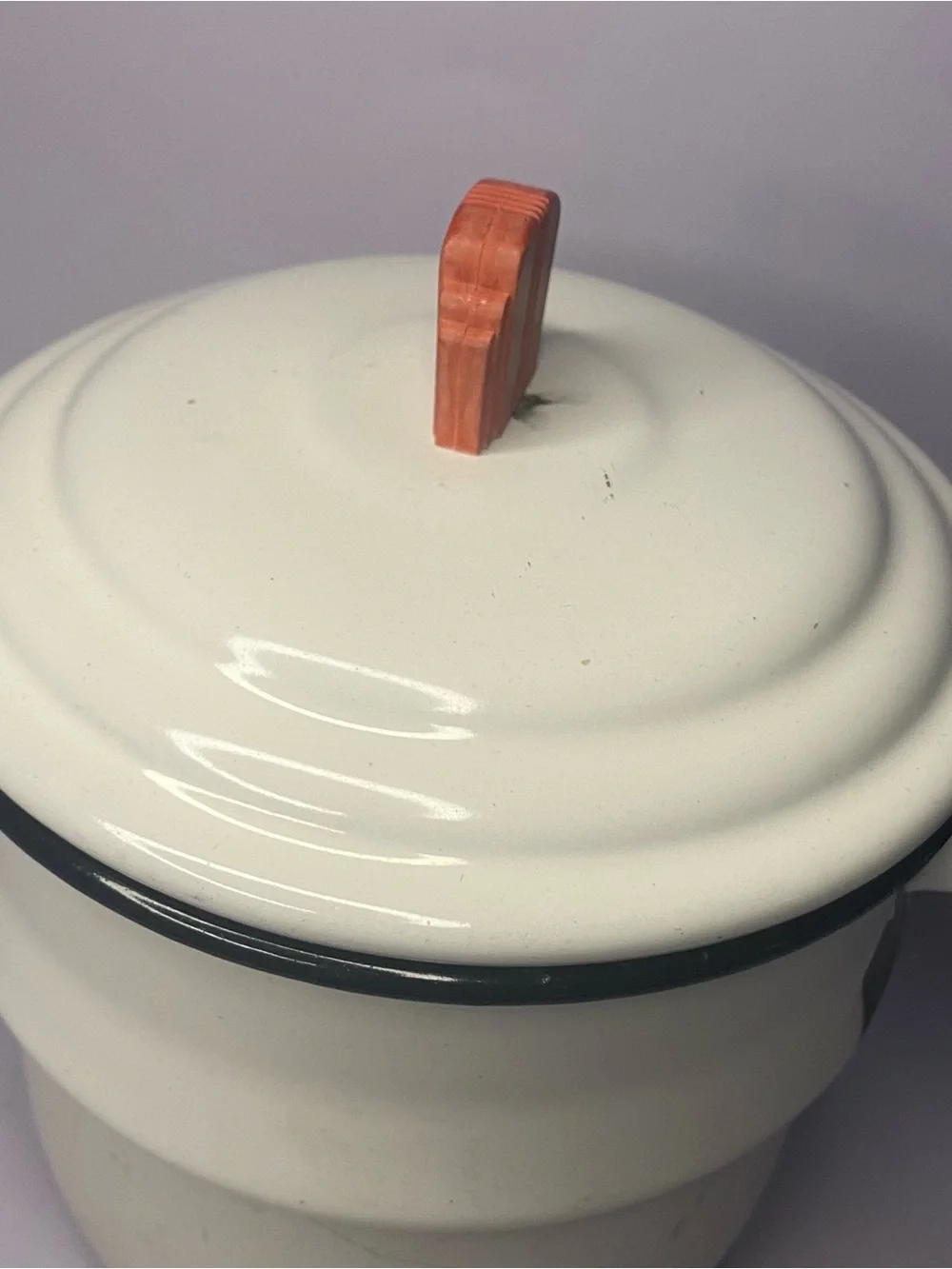 Vintage White Enamel Saucepan with Black Handle and Orange Knob